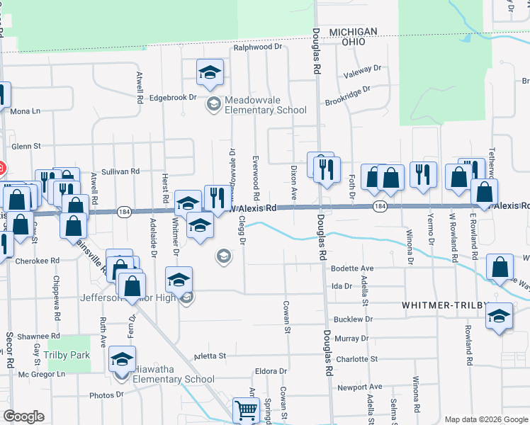 map of restaurants, bars, coffee shops, grocery stores, and more near 2627 Ohio 184 in Toledo