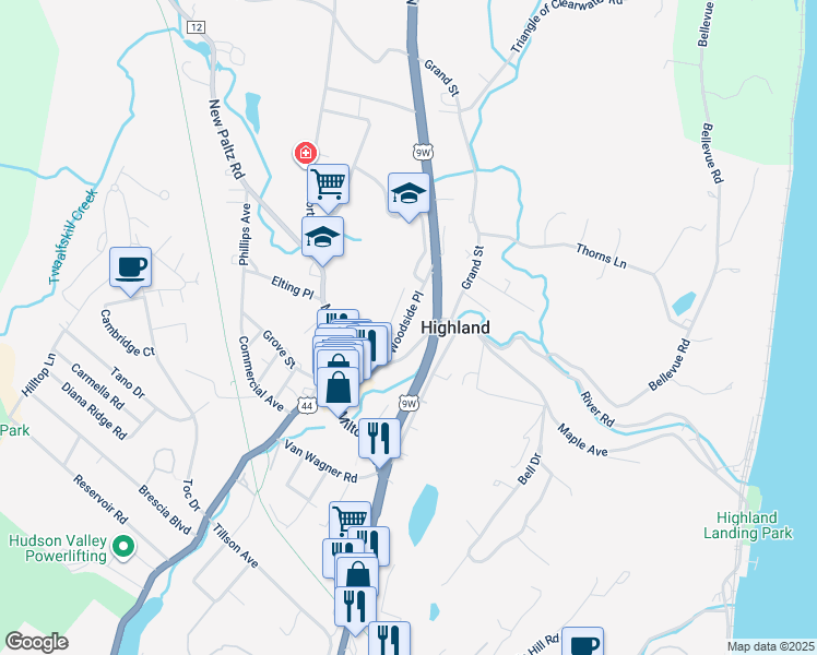 map of restaurants, bars, coffee shops, grocery stores, and more near 15 Woodside Place in Highland