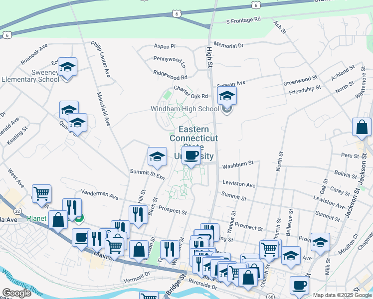 map of restaurants, bars, coffee shops, grocery stores, and more near 83 Windham Street in Windham