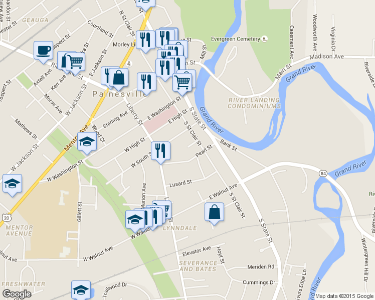 map of restaurants, bars, coffee shops, grocery stores, and more near 252 Webster Ct in Painesville