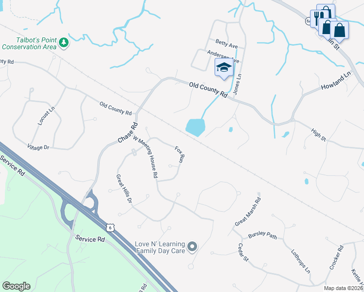 map of restaurants, bars, coffee shops, grocery stores, and more near 11 Fox Run in Sandwich