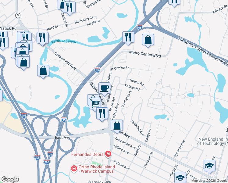 map of restaurants, bars, coffee shops, grocery stores, and more near 95 Rome Ave in Warwick