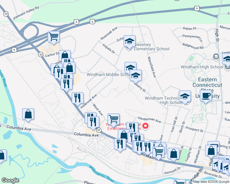 map of restaurants, bars, coffee shops, grocery stores, and more near 29 Kathleen Drive in Windham