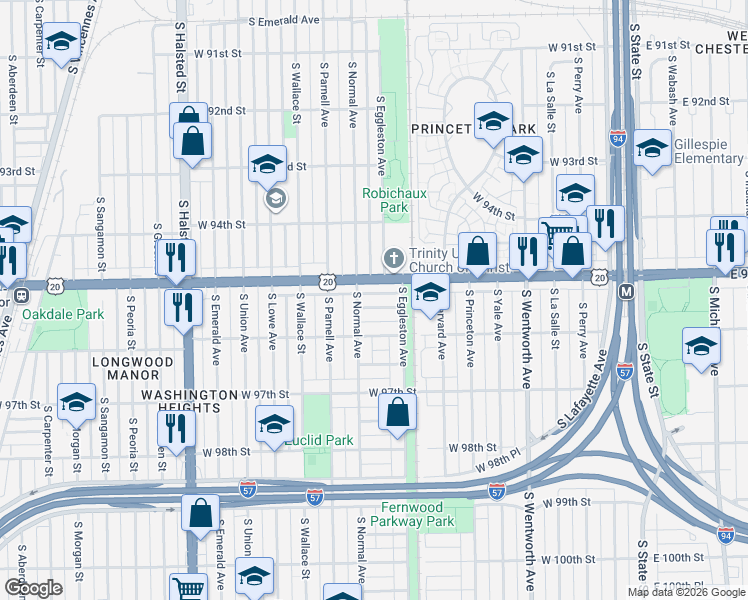 map of restaurants, bars, coffee shops, grocery stores, and more near 412 West 95th Place in Chicago
