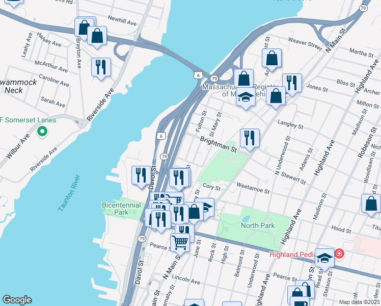map of restaurants, bars, coffee shops, grocery stores, and more near 33 McDonald Street in Fall River