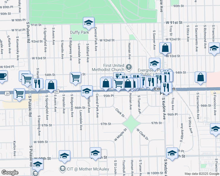 map of restaurants, bars, coffee shops, grocery stores, and more near 3504 95th Street in Evergreen Park