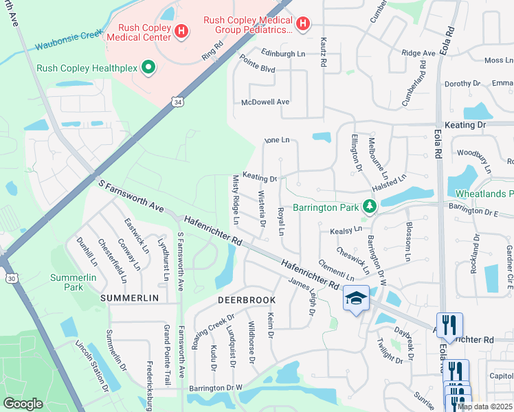 map of restaurants, bars, coffee shops, grocery stores, and more near 1939 Wisteria Drive in Aurora