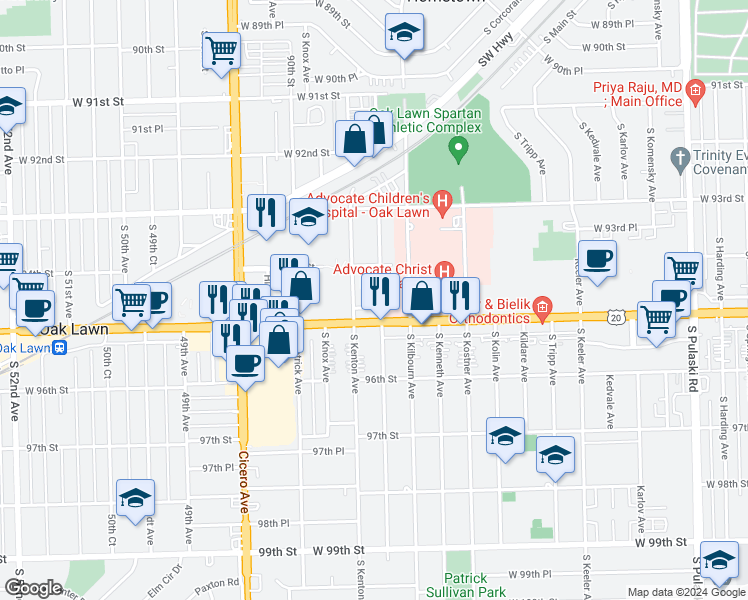 map of restaurants, bars, coffee shops, grocery stores, and more near 9432 Kolmar Avenue in Oak Lawn