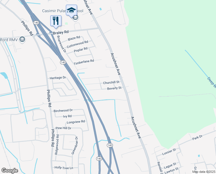 map of restaurants, bars, coffee shops, grocery stores, and more near 1065 Beverly St in New Bedford