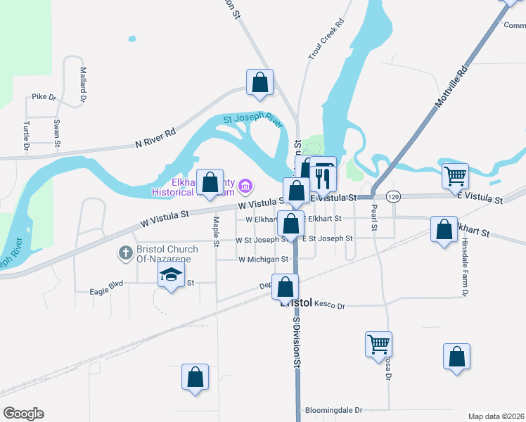 map of restaurants, bars, coffee shops, grocery stores, and more near 207 East Vistula Street in Bristol
