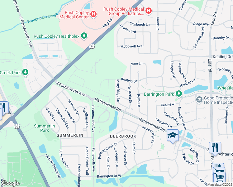 map of restaurants, bars, coffee shops, grocery stores, and more near 1893 Misty Ridge Lane in Aurora