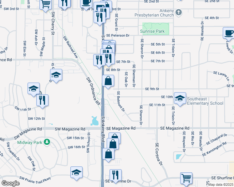map of restaurants, bars, coffee shops, grocery stores, and more near 904 Southeast Belmont Drive in Ankeny