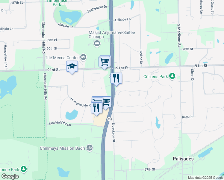 map of restaurants, bars, coffee shops, grocery stores, and more near 9300 Kingery Highway in Willowbrook