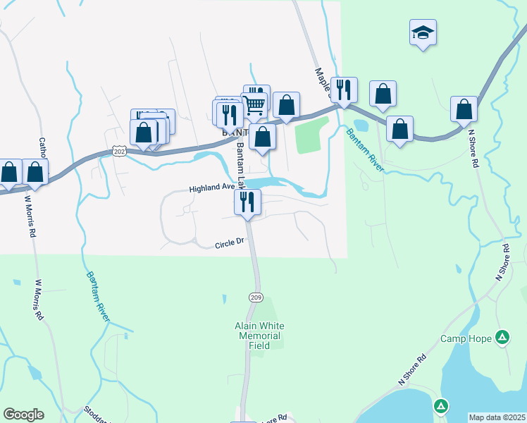 map of restaurants, bars, coffee shops, grocery stores, and more near 23 Roosevelt Avenue in Litchfield