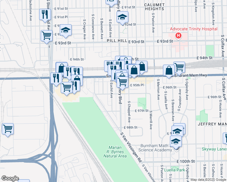 map of restaurants, bars, coffee shops, grocery stores, and more near 9551 South Euclid Avenue in Chicago