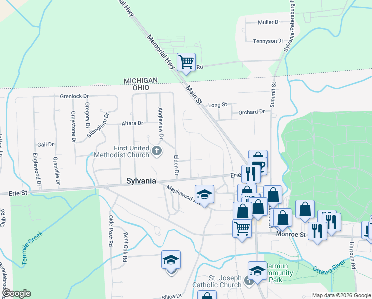 map of restaurants, bars, coffee shops, grocery stores, and more near 5867 Garden Park Drive in Sylvania