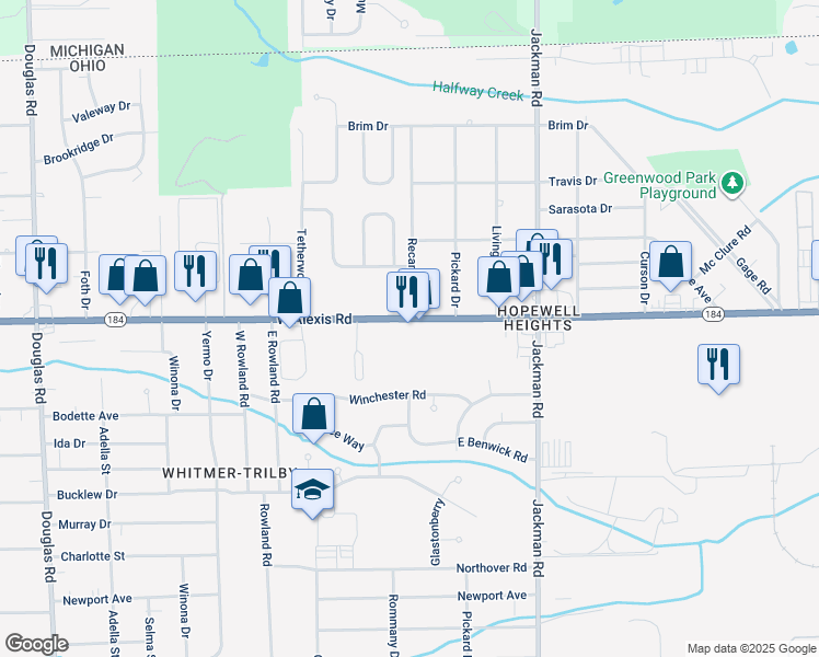 map of restaurants, bars, coffee shops, grocery stores, and more near 1917 West Alexis Road in Toledo