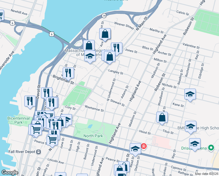 map of restaurants, bars, coffee shops, grocery stores, and more near 606 North Underwood Street in Fall River