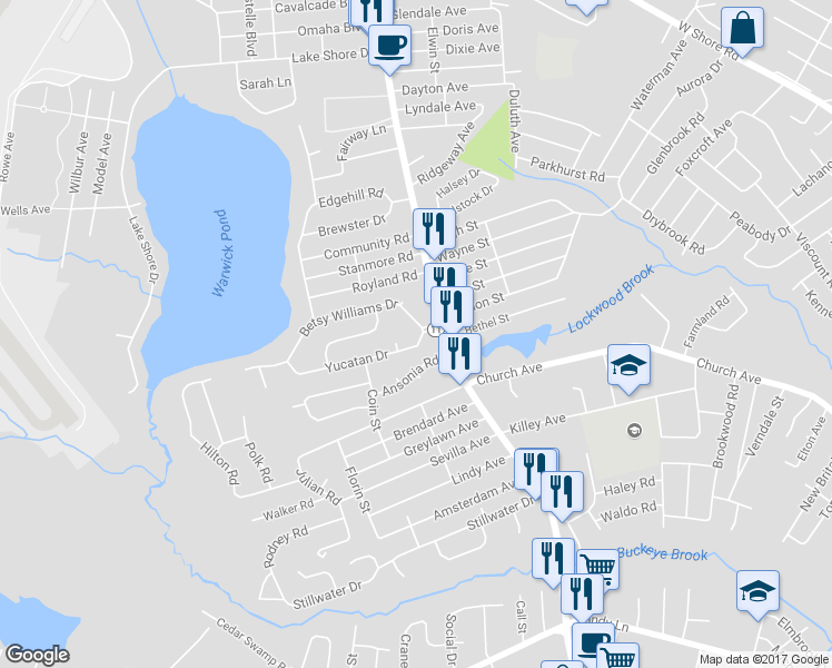 map of restaurants, bars, coffee shops, grocery stores, and more near 5 Yucatan Drive in Warwick