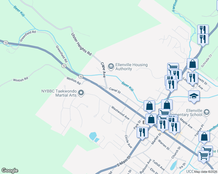 map of restaurants, bars, coffee shops, grocery stores, and more near 16 Canal Street in Ellenville
