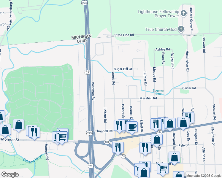map of restaurants, bars, coffee shops, grocery stores, and more near 5835 Acres Road in Sylvania