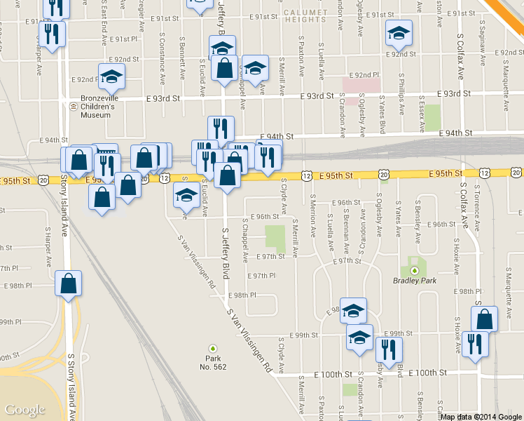map of restaurants, bars, coffee shops, grocery stores, and more near 2126 E 96th St in Chicago