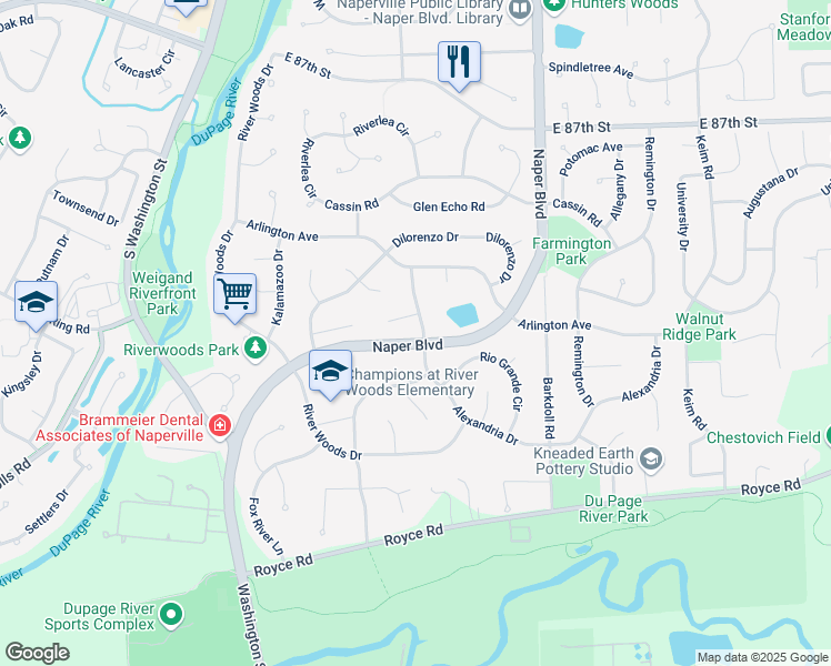 map of restaurants, bars, coffee shops, grocery stores, and more near 529 Alexandria Drive in Naperville