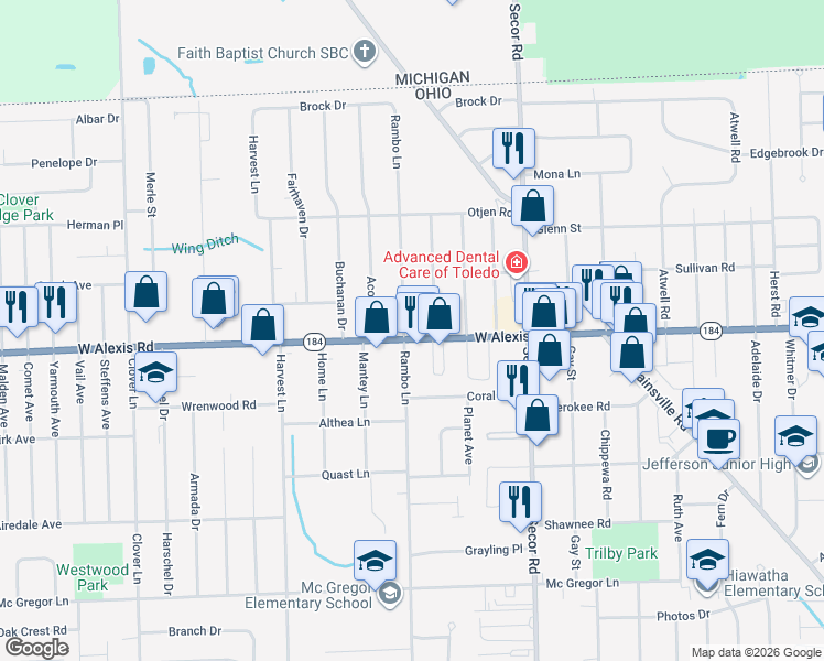 map of restaurants, bars, coffee shops, grocery stores, and more near 3436 West Alexis Road in Toledo