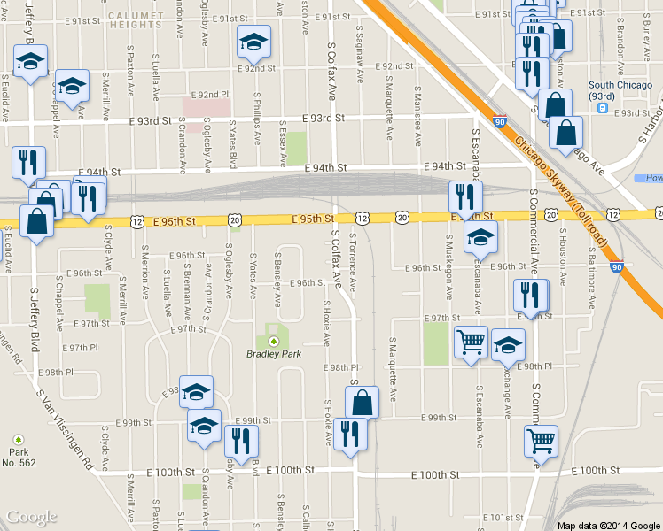 map of restaurants, bars, coffee shops, grocery stores, and more near 9590 South Colfax Avenue in Chicago