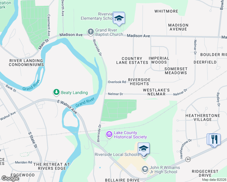 map of restaurants, bars, coffee shops, grocery stores, and more near 7 Nelmar Dr in Painesville