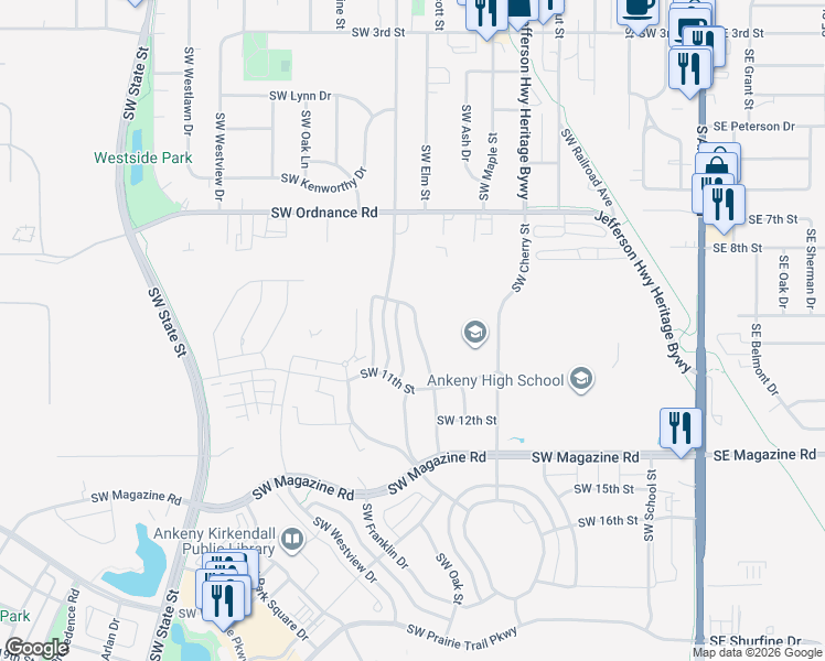 map of restaurants, bars, coffee shops, grocery stores, and more near 912 Southwest Elm Street in Ankeny