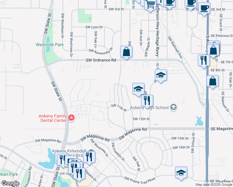 map of restaurants, bars, coffee shops, grocery stores, and more near 1169 Southwest Ordnance Road in Ankeny