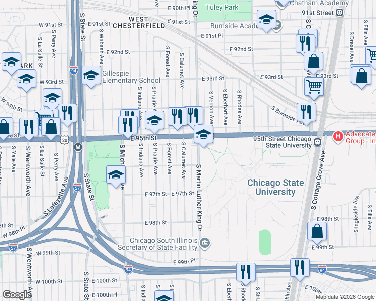 map of restaurants, bars, coffee shops, grocery stores, and more near 9529 South Calumet Avenue in Chicago