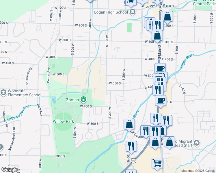 map of restaurants, bars, coffee shops, grocery stores, and more near 584 South 300 West in Logan