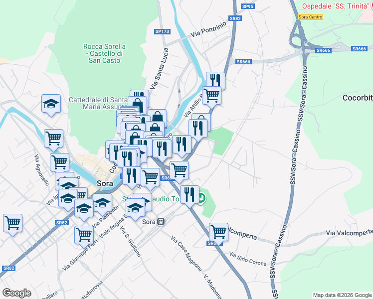 map of restaurants, bars, coffee shops, grocery stores, and more near 35 Via Borgo San Nicola in Sora