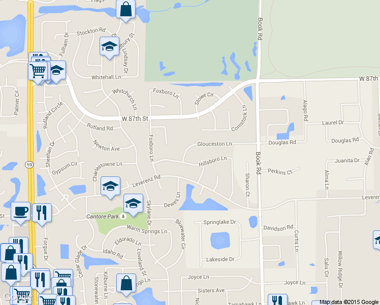 map of restaurants, bars, coffee shops, grocery stores, and more near 2280 Glouceston Lane in Naperville