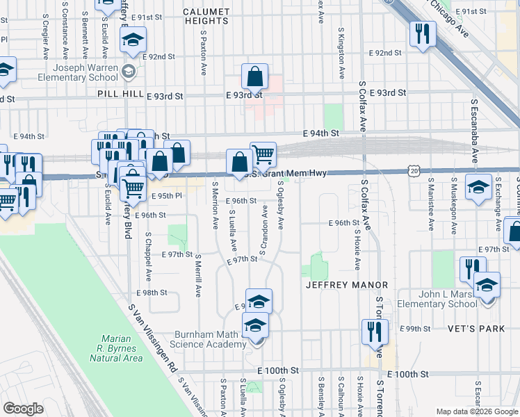 map of restaurants, bars, coffee shops, grocery stores, and more near 9610 South Crandon Avenue in Chicago