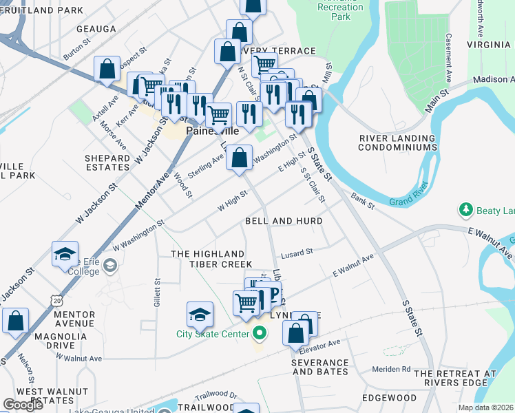 map of restaurants, bars, coffee shops, grocery stores, and more near 190 Liberty St in Painesville