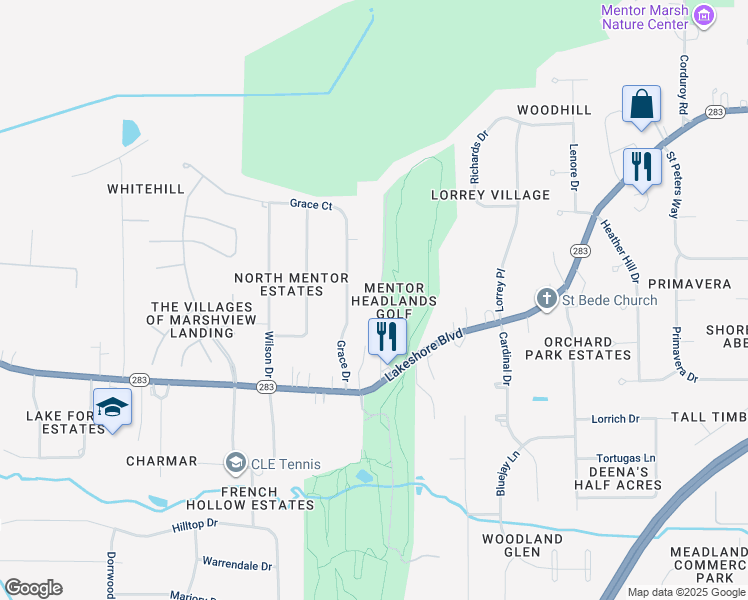 map of restaurants, bars, coffee shops, grocery stores, and more near 5510 Links Road in Mentor
