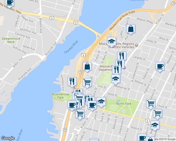 map of restaurants, bars, coffee shops, grocery stores, and more near 337 Lindsey Street in Fall River