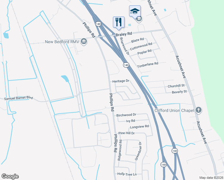 map of restaurants, bars, coffee shops, grocery stores, and more near 1978 Phillips Road in New Bedford