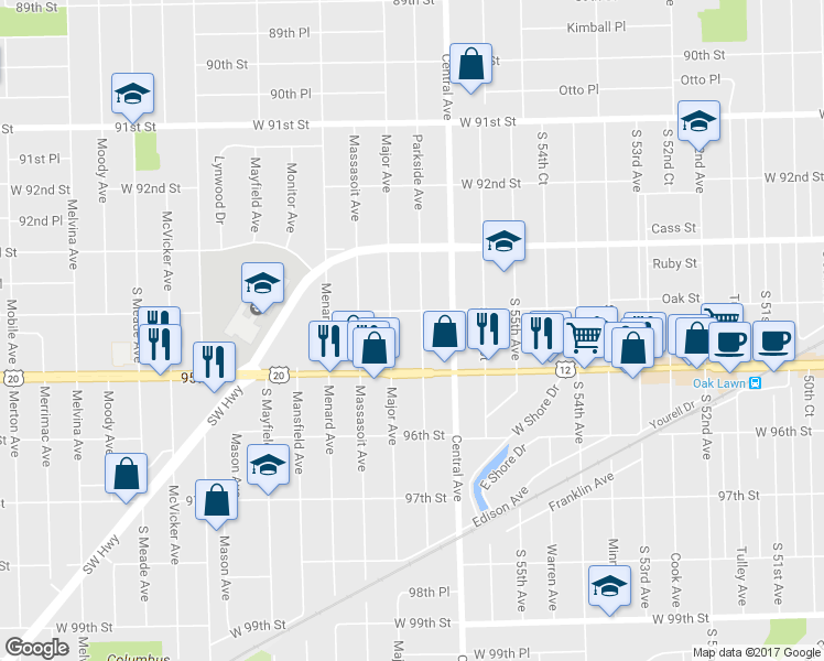 map of restaurants, bars, coffee shops, grocery stores, and more near 9412 Parkside Avenue in Oak Lawn