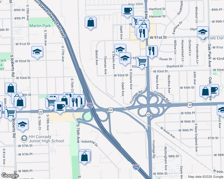 map of restaurants, bars, coffee shops, grocery stores, and more near 9348 South Oketo Avenue in Bridgeview