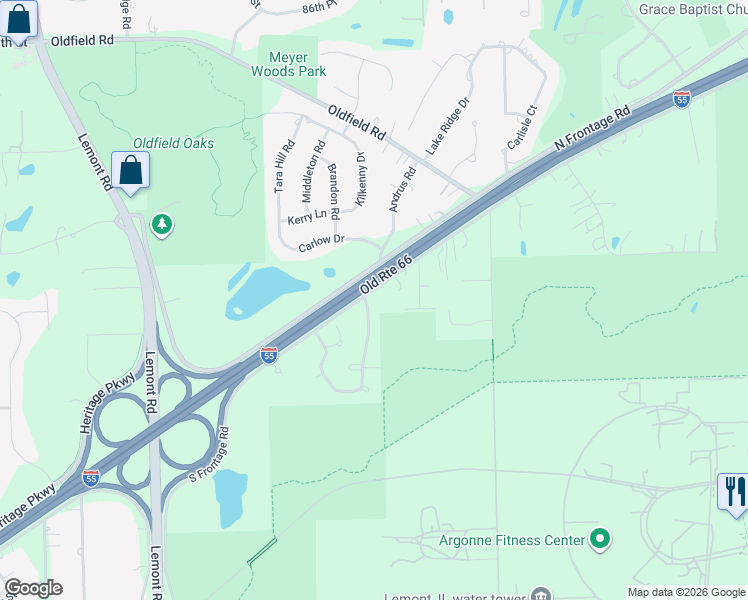 map of restaurants, bars, coffee shops, grocery stores, and more near 9201 Waterfall Glen Boulevard in Darien