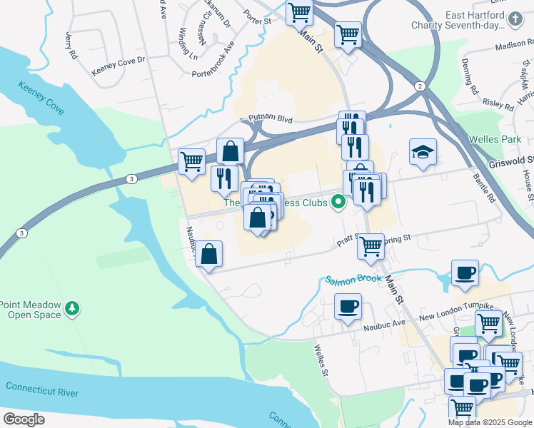 map of restaurants, bars, coffee shops, grocery stores, and more near 110 Glastonbury Boulevard in Glastonbury