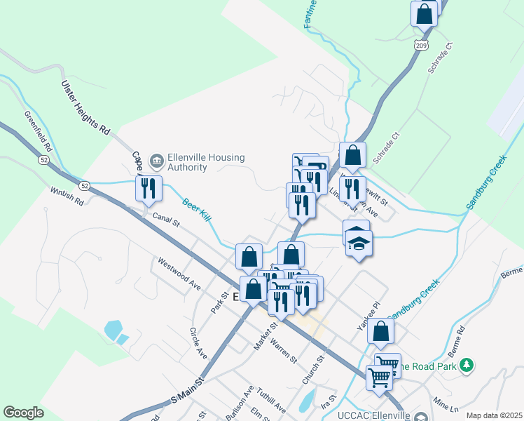 map of restaurants, bars, coffee shops, grocery stores, and more near 39 Spring Street in Ellenville