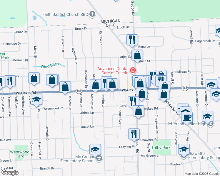 map of restaurants, bars, coffee shops, grocery stores, and more near 3436 W Alexis Rd in Toledo