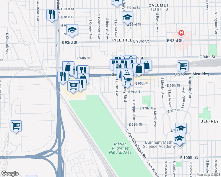 map of restaurants, bars, coffee shops, grocery stores, and more near 9549 South Bennett Avenue in Chicago