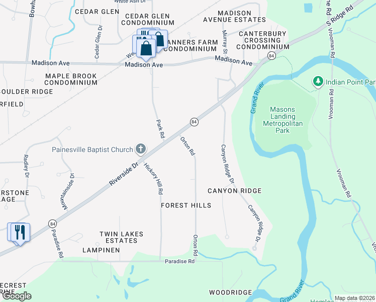 map of restaurants, bars, coffee shops, grocery stores, and more near 30 Orton Road in Painesville