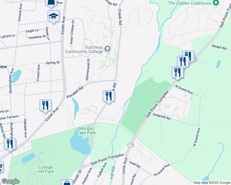 map of restaurants, bars, coffee shops, grocery stores, and more near 102 Creek Road in Poughkeepsie
